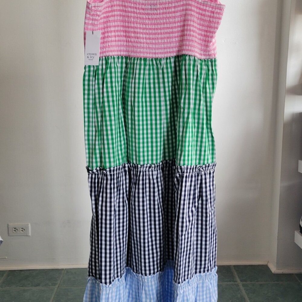 NWT- Crown & Ivy Gingham Color Block Tiered Maxi Smocked Back Dress (S: M) - Picture 4 of 15